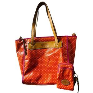 Fossil Key-Per Shopper Coral Diamond Coated Canvas Tote Bag Purse W/Wallet New
